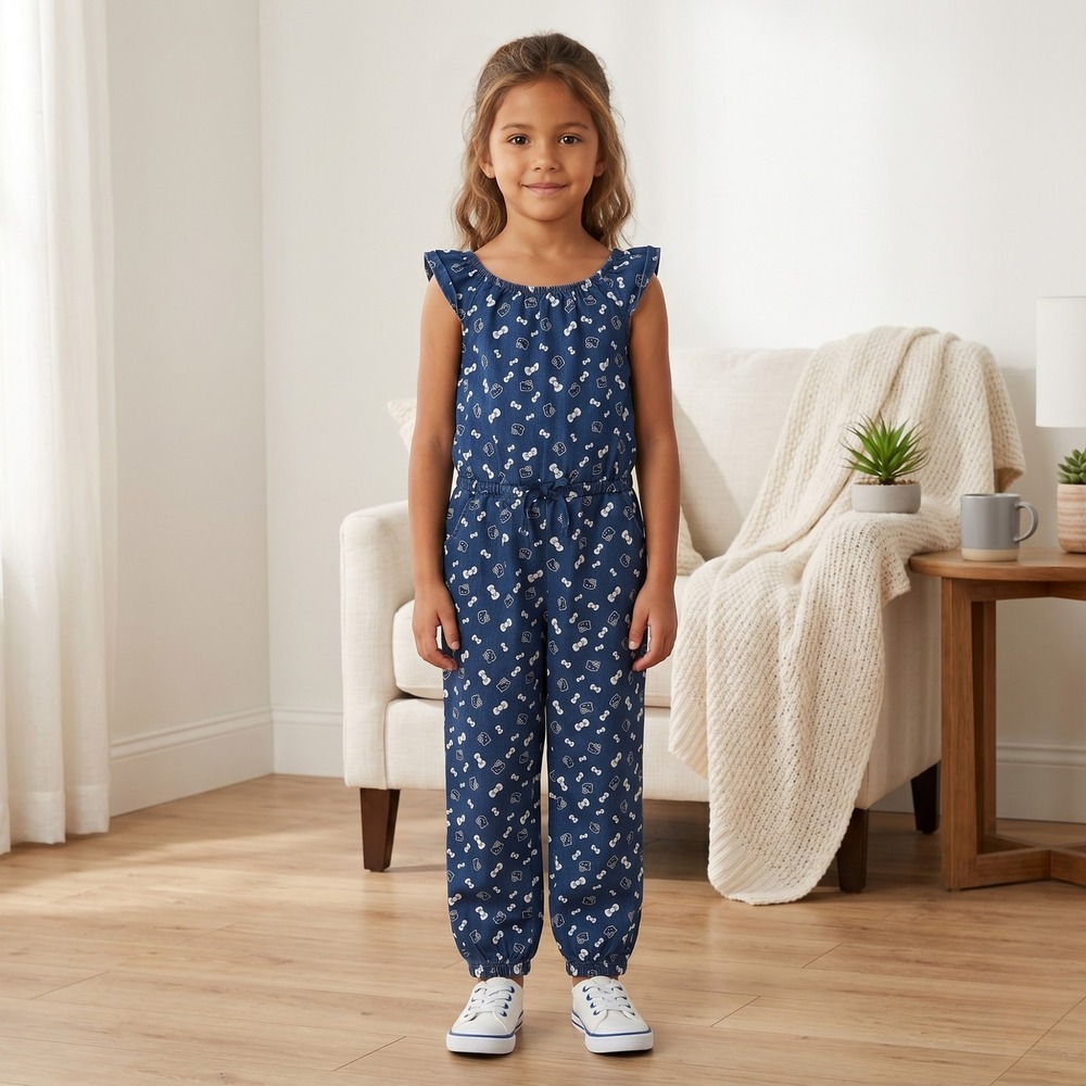Hello Kitty Jumpsuit Girls 4 Dark Wash Denim Ruffle Sleeve Jogger‎ Kitty Print